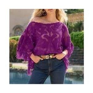 Boston‎ Proper Purple Crochet Fringe Poncho Top Women's XS S Cotton